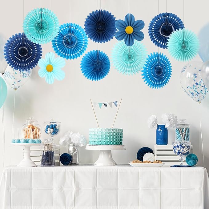 zilue Paper Fans Party Decorations Paper Flowers Decorations for Wall Classroom Floral Backdrop Baby Shower Birthday Party Flower Wall Decor Pack of 11 Blue