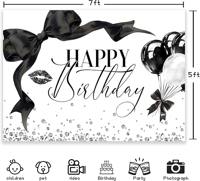 Black Bow Happy Birthday Banner Backdrop 7Wx5H Photography Girls Coquette Birthday Decorations Black White Bowknot Balloons Background Women Bachelorette Party Photo Booth Props Supplies