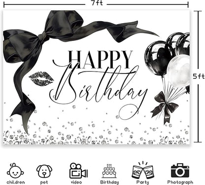 Black Bow Happy Birthday Banner Backdrop 7Wx5H Photography Girls Coquette Birthday Decorations Black White Bowknot Balloons Background Women Bachelorette Party Photo Booth Props Supplies