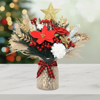 RyddeligHome Christmas Centerpieces for Tables, Holiday Table Decor, 100pcs Christmas Floral Arrangements in Vase, Pottery Xmas Decorations, Artificial Poinsettia Red Berry Pine Branches