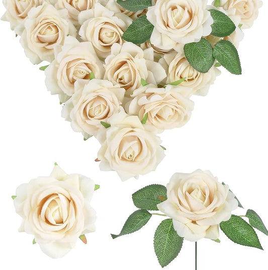 Champange Roses Artificial Flowers 16pcs Velvet Artificial Roses with Stems 3.15" Fake Roses for Bridal Bouquet Wedding Flowers for Floral Centerpieces Home Party Decor (Champange)