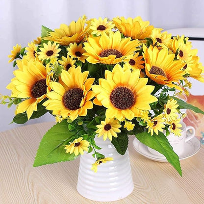6 Pack Artificial Sunflowers with Stems for Indoor Outdoor 12 inch Fake Silk Sunflower with 13 Sunflower Heads and 27 Green Leaves Decor Home Wedding Party Office (6Pack)
