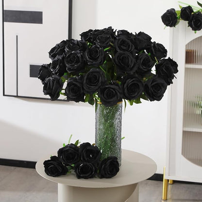 50PCS Artificial Silk Roses in Bulk & Bouquet Long Stem – Realistic Fake Roses for Wedding Centerpieces, Home Decor, Floral Arrangements, Party Decoration (Black)