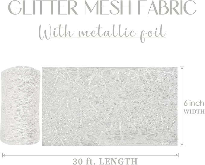 MEEDEE 6 Inch Wide Wired Ribbon White Glitter Mesh Web Wired Edge Ribbon by 10 Yards Roll White Mesh Wired Ribbons for Christmas Tree, Garland, Holiday Crafts, Bows, Centerpiece, Gift Wrapping