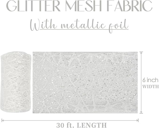 MEEDEE 6 Inch Wide Wired Ribbon White Glitter Mesh Web Wired Edge Ribbon by 10 Yards Roll White Mesh Wired Ribbons for Christmas Tree, Garland, Holiday Crafts, Bows, Centerpiece, Gift Wrapping