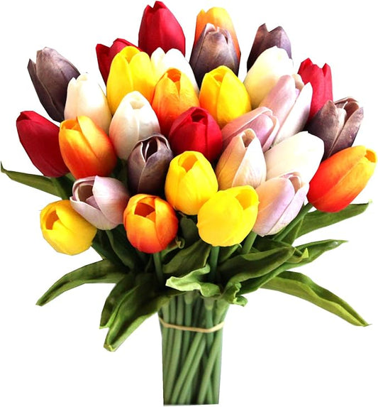 Mandy's Artificial Tulips 28 Stems Multicolor PU Faux Flowers for Thanksgiving and Christmas Decorations Wedding Home Decor 13.5 Inch