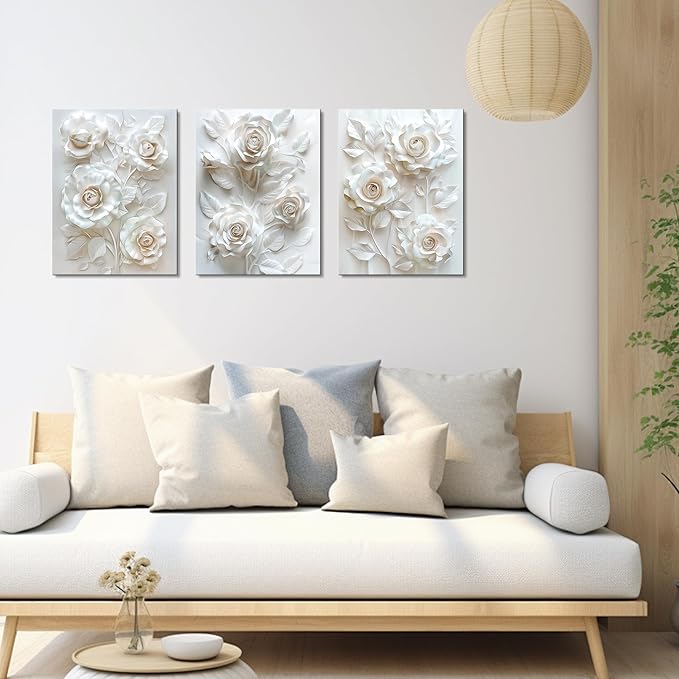 Sepwrol White Flower Canvas Wall Art, Modern Abstract Rose Blooming Floral Textured Printing Artwork for Home Bedroom Living Room Wall Decor, 12"x16" 3 Panel