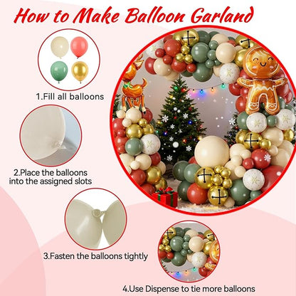 Christmas Balloon Arch Kit, Green Retro Pink Orange Sage Green Metallic Gold Balloons with Santa Candy Lollipop Foil Balloons for Christmas Party Xmas Eve New Year Holiday Party Decorations