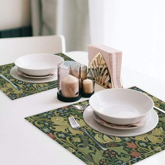 Vintage Floral Placemats Set of 4, William Morris Retro Boho Botanical Plant Place Mats, Heat Resistant Non Slip Cotton Linen Dining Table Mats for Home Kitchen Party 18x12 Inch