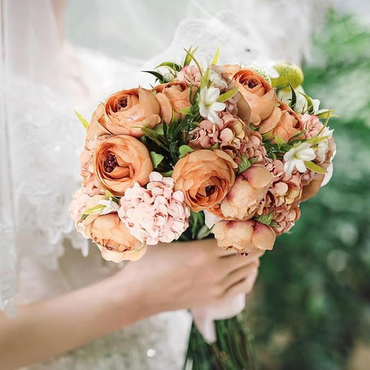Zerzsy Artificial Flowers Bouquets, Mixed Orange Artificial Peonies, Fake Flowers Bride Holding Flower Faux Floral for Wedding Bridal Bouquet Home Table Centerpiece Floral Decoration