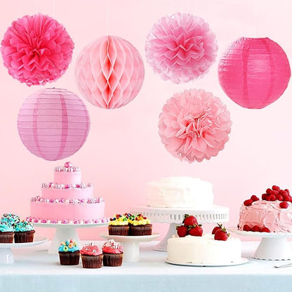 Hot Pink Paper Flowers Tissue Pom Poms Honeycomb Lanterns 15pcs Party Decorations for Birthday Bachelorette Women Girls Night Baby Shower Bridal Wedding Valentine Hanging Supplies Mprocherify