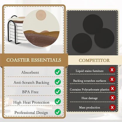 Drink Coasters with Holder,6 Pcs Japanese Style Sun Landscape Coffee Cup Mat with Storage Holder, Durable Ceramic Coaster Set for Hot & Cold Beverages