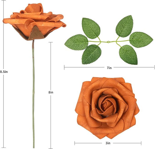 DuHouse 25Pcs Artificial Roses Flowers Fake Rose with Stems Real Touch Foam Flowers for DIY Wedding Bouquet Baby Shower Centerpiece Floral Arrangement Party Home Decor(Burnt Orange)