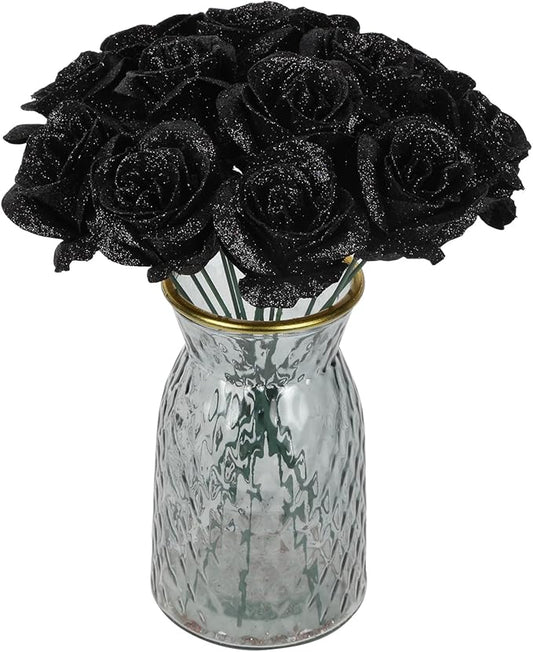 Black Glitter Roses,30PCS Fake Roses Flowers Artificial Roses with Stems for DIY Crafts Wedding Bouquet Party Home Decor(Black)