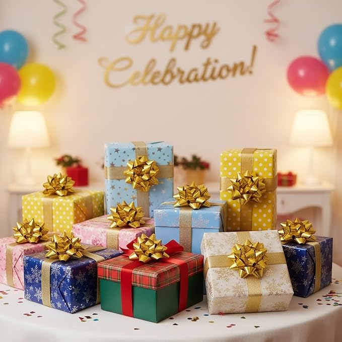 CHOIEO 15 Pcs Gift Bows Assortment, Decor for Christmas, Birthdays, Weddings, Holiday Embellishments, Presents, Wrapping Paper, Anniversaries, Baby Showers, Bridal Showers, Hanukkah (Dazzel Gold)