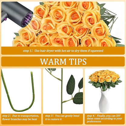 30pcs Fake Roses Artificial Silk Flowers Long Stems Bouquet for Wedding Bridal Shower Party Home Decoration (Gradient Yellow)