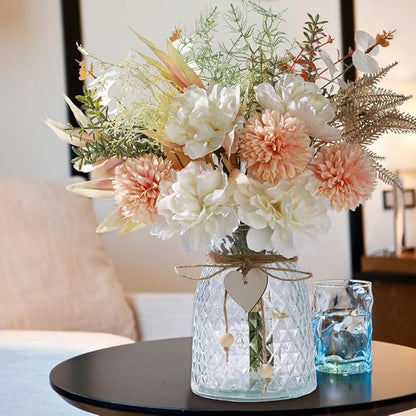 Silk Flowers with Vase, Artificial Flowers Arrangement with Glass Vase Faux Peony Hydrangea for Decoration Table Centerpiece (Peony White Pink)