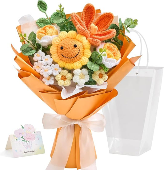 Crochet Flower Bouquet, Handmade Knitted Flowers,Orange Crochet Sunflower Bouquet for Lover Birthday, Anniversary, Wedding, Homecoming Gifts(Include Card)