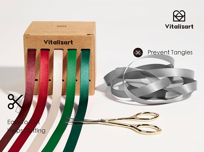 Vitalizart Christmas Ribbons for Crafts 3/8" x 50 Yd Satin Ribbon Green Red Cream White Double Face Gift Wrapping Silk Like Fabric Flower Bouquet Party Decorations Bridal Shower Wreath Hair