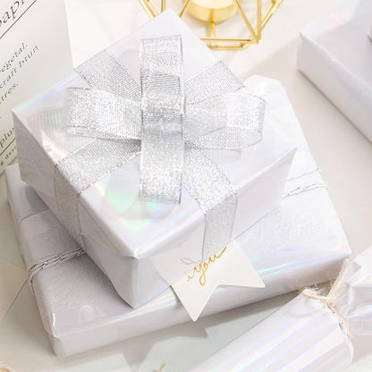 Merture Solid Color Wrapping Paper Roll - 17 Inches X 32.8 Feet(46.5 sq.ft.) - 1 Roll, Metallic White Wrapping Paper for Wedding, Birthday, Party, Holiday, Congrats, Shower