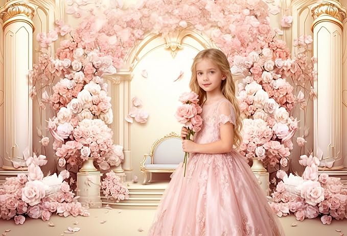 AOFOTO 5x3ft Wedding Backdrop Palace Hall Wall Spring Pink Flower Arch Background for Photography Bridal Shower Valentine's Day Prom Decoration Banner Girl Portrait Photo Booth Backdrop