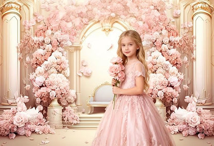 AOFOTO 5x3ft Wedding Backdrop Palace Hall Wall Spring Pink Flower Arch Background for Photography Bridal Shower Valentine's Day Prom Decoration Banner Girl Portrait Photo Booth Backdrop