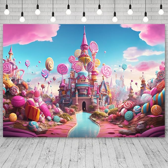 6x4ft Candyland Backdrop Sweet Candy Castle Photography Background Colorful Lollipop Blue River Cartoon Kids Birthday Banner Decorations Baby Shower Newborn Portrait Photo Booth Prop