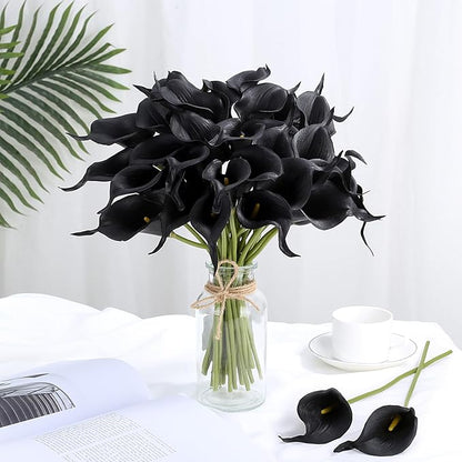 24 Pcs Black Artificial Calla Lily Flowers Fake Black Silk Flowers Real Touch for Wedding Bouquet Office Home Kitchen Decor
