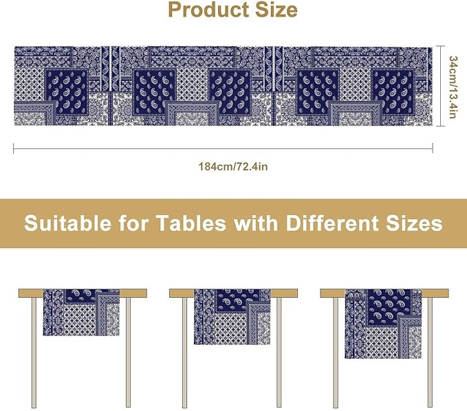Boho Patchwork Table Runner, Blue White Bohemian Paisley Floral Vintage Farmhouse Table Runner for Kitchen Dining Home Party Holiday, 13x36 Inch