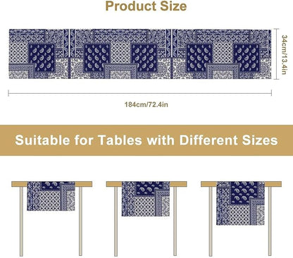 Boho Patchwork Table Runner, Blue White Bohemian Paisley Floral Vintage Farmhouse Table Runner for Kitchen Dining Home Party Holiday, 13x36 Inch
