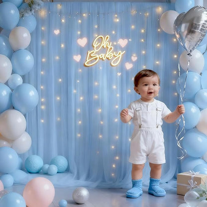 10x8ft Baby Blue Tulle Backdrop Curtain with Lights String for Parites, Sheer Backdrop Curtains for Wedding Baby Shower Birthday Party Photo Shoot Decorations