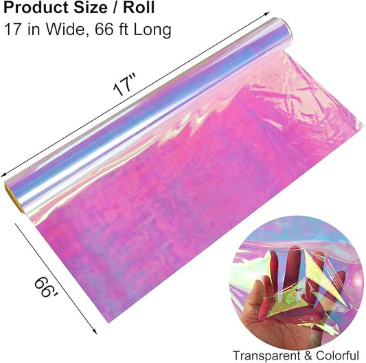 SYOGUA 66 ft Iridescent Cellophane Wrap Roll (17'' Wide x 66' Long) Transparent Iridescent Cellophane Roll, Rainbow Colored Gift Wrapping Plastic for Baskets, Treats, DIY Crafts, Christmas Gifts