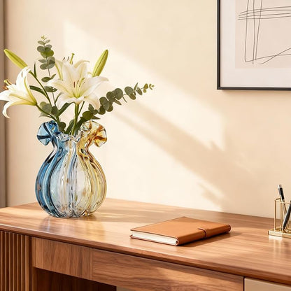 Hand-Blown Glass vase, Unique Wide-Mouth Glass vase, Modern Glass Art Decoration, Suitable for Living Room, Kitchen, Wedding, Dining Table, and Office Centerpiece Floral Arrangements.
