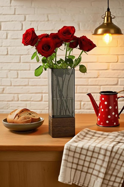Shatterproof Acrylic Flower Vase with Wood Base–10”H*3.9''W Modern Table Centerpiece for Home Office Decor, Holds Fresh/Dried Stems, Lightweight&Stable, Present for Housewarming Christmas(Rectangular)