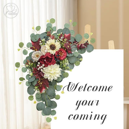 Artificial Wedding Arch Flowers for Wedding Sign,Set of 2 for Wedding Welcome Ceremony Sign,Faux Floral Swags,Wedding, Banquet and Reception Backdrop Floral Decoration (White Red)