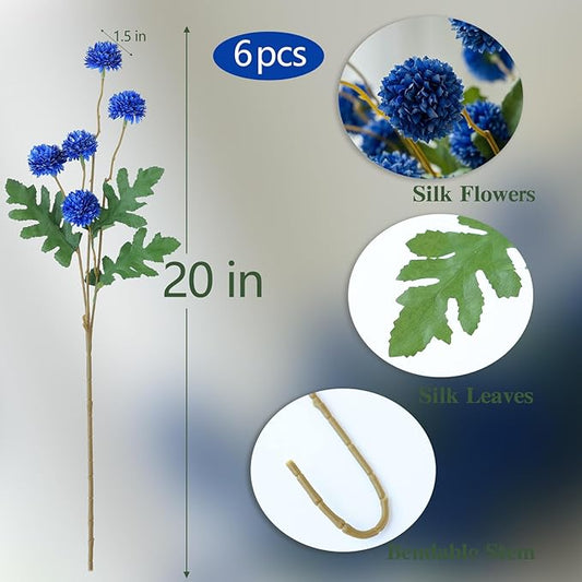 mizii 6Pcs Blue Fake Silk Pompon Mum Artificial Flowers Bulk Small Faux Chrysanthemums with Stems Realistic Floral Decorations for Wedding DIY Bouquet Centerpieces Shower Vase Home Decor (Royal Blue)