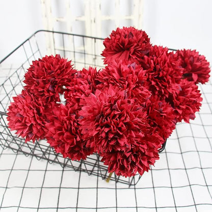 Tinsow 12Pcs Artificial Chrysanthemum Faux Red Ball Flowers Burgundy Fall Flowers for Christmas Autumn Farmhouse Home Decoration (12, Red)