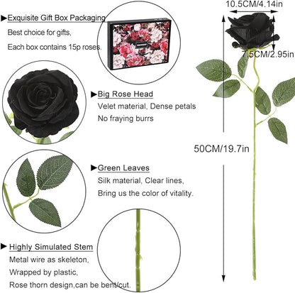 Cloudecor 15Pcs Black Roses Artificial Flowers Fake Roses Long Stem Velet Rose Silk Flowers for Home Wedding Decoration (Round Rose,Black)
