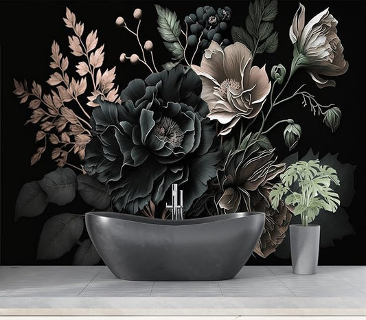Eierme-Black Background with Flowers and Leaves Mural Wallpaper Peel and Stick 137" x 102"
