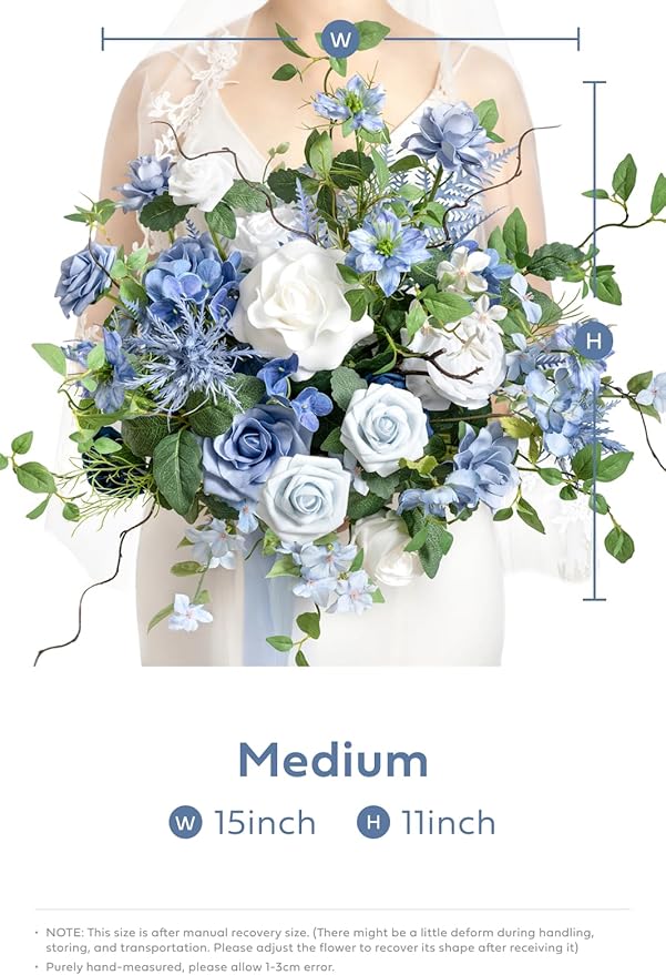Ling's moment Dusty Blue Wedding Bouquets for Bride, Blue and White Bridal Bouquets for Bride,15 Inch Free Form Artificial Wedding Flower Bouquet