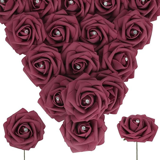 Burgundy Roses with Crystal 50PCS Artificial Rose Flowers with Stems 2.95" Burgundy Flowers Artificial Foam Roses for Bridal Shower Wedding Bouquets Centerpiece Home Table Decor