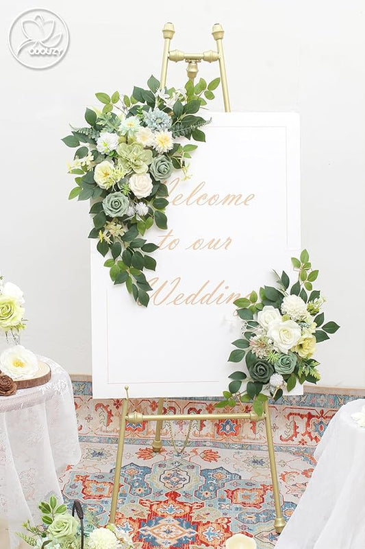 Pack of 2 Wedding Arch, Artificial Flowers, Wedding Decor，Flower Garland Be Suited to Banquet, Party, Reception Entrance Welcome Sign and Background Decoration (White Green)