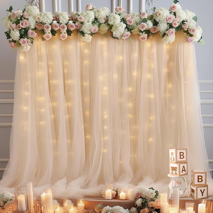20x8ft Champagne Tulle Backdrop Curtain with Lights String for Parites, Sheer Backdrop Curtains for Wedding Baby Shower Birthday Party Photo Shoot Decorations