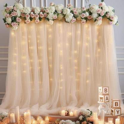 20x10ft Champagne Tulle Backdrop Curtain with Lights String for Parites, Sheer Backdrop Curtains for Wedding Baby Shower Birthday Party Photo Shoot Decorations