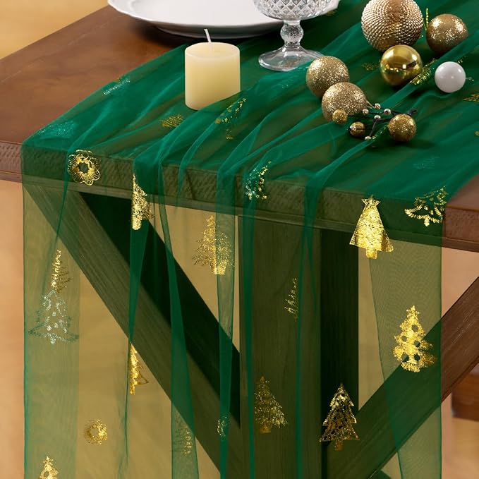 Socomi Christmas Tree Table Runner Gold Gauze Sheer Chiffon Cheesecloth Sequin 10FT Glitter Metallic Foil Dining Wedding Birthday Party Winter Holiday Centerpiece Table Decor Emerald Green