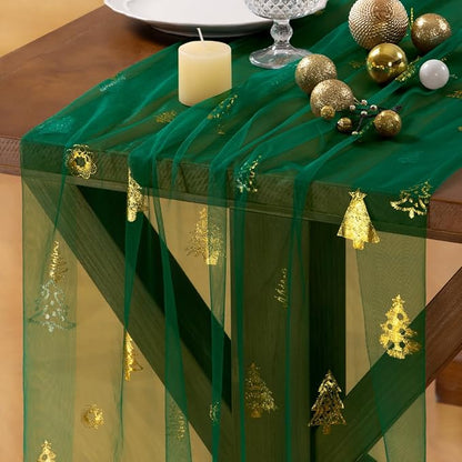 Socomi Christmas Tree Table Runner Gold Gauze Sheer Chiffon Cheesecloth Sequin 10FT Glitter Metallic Foil Dining Wedding Birthday Party Winter Holiday Centerpiece Table Decor Emerald Green