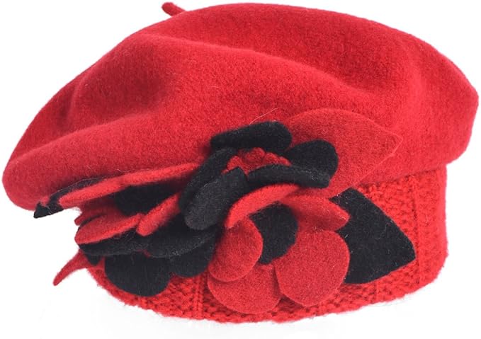 VECRY Lady French Beret 100% Wool Beret Floral Dress Beanie Winter Hat
