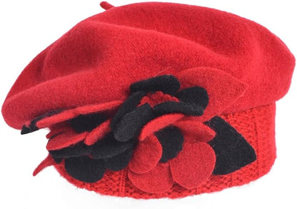 VECRY Lady French Beret 100% Wool Beret Floral Dress Beanie Winter Hat