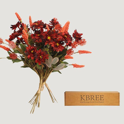 KBREE Artificial Fall Mums Bouquet, 4 Bunches Handmade Faux Daisy Flowers with Grain Stems & Foxtail, 17.7" Natural Farmhouse Mums Bouquets for Autumn Home Decor & Table Centerpieces (Maroon Red)