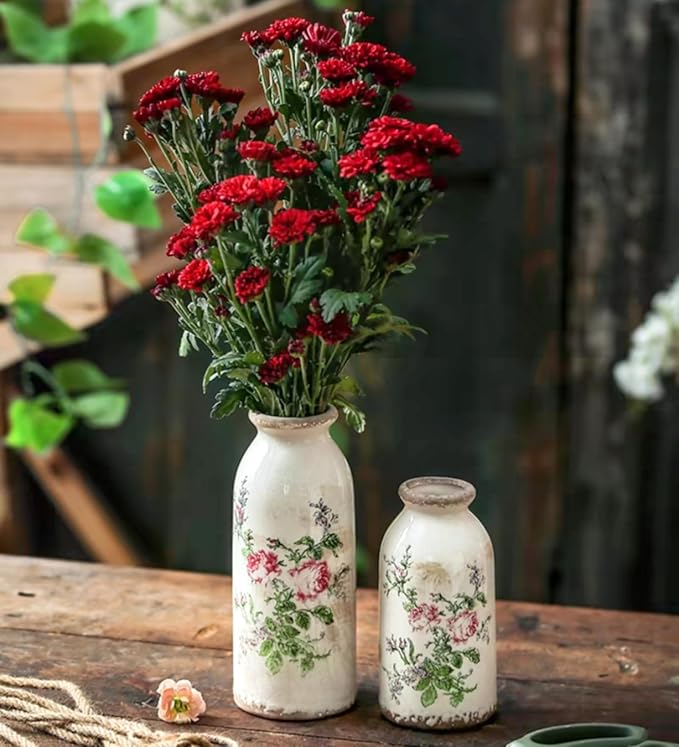 Ceramic Rustic Farmhouse Vase, Distressed Flower Vase for Home Decor, Ideal Shelf Decor, Boho Vase for Living Room Bedroom Kitchen Office Decor Centerpiece Table Decorations (6 inches)